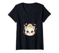 Women's Cute Cat Face Rainbow Magic V-Neck T-Shirt