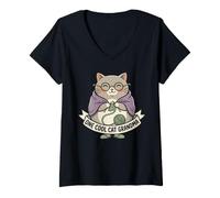 Women's Cute Cat Grandma Knitting Reading Glasses Cozy Kitty Lover V-Neck T-Shirt