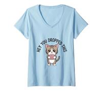 Women's Cute Cat Holding Brain Hey You Dropped This V-Neck T-Shirt