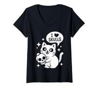 Womens Cute Cat I Love Skulls Funny Goth Kitten Skull Lover V-Neck T-Shirt