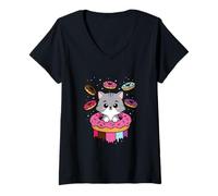 Womens Cute Cat in Donut Galaxy V-Neck T-Shirt