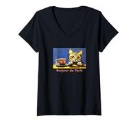 Women's Cute Cat Kitten Bonjour de Paris Coffee Cup Design Souvenir V-Neck T-Shirt