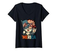 Womens Cute Cat Merica Rock American Flag Patriotic 4th Of July V-Neck T-Shirt