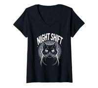 Women's Cute Cat Night Work Emergency Services Shift Worker V-Neck T-Shirt