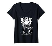 Women's Cute Cat Night Work Emergency Services Shift Worker V-Neck T-Shirt
