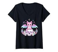 Womens Cute Cat Pastel Goth Bat Skull Kawaii Creepy Kitty Skeleton V-Neck T-Shirt