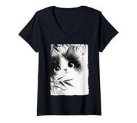 Womens Cute Cat Peeking Through Bamboo Japanese Sumi-e Art V-Neck T-Shirt