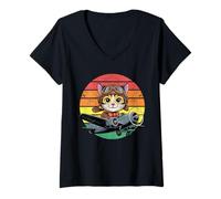 Women's Cute Cat Pilot Flying Vintage Airplane Retro Sunset V-Neck T-Shirt