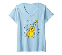 Women's Cute Cat Playing Violin Cartoon for Cat Lovers V-Neck T-Shirt