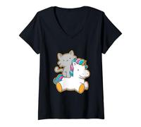 Women's Cute Cat Riding Unicorn Magical Feline Design V-Neck T-Shirt