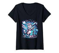 Women's Cute Cat Stargazing Telescope Cosmic Night Sky V-Neck T-Shirt