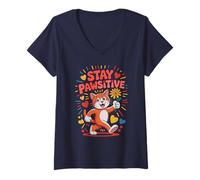 Women's Cute Cat Stay Pawsitive Mom Meme Animal Dad Shelter Love V-Neck T-Shirt