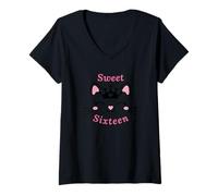 Womens Cute Cat Sweet Sixteen Girl 16th Birthday Party Design Pink V-Neck T-Shirt