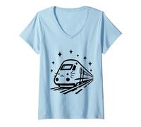 Women's Cute Cat Train Kitten Face Monorail Top Funny V-Neck T-Shirt