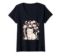 Women's Cute Cat Under Cherry Blossoms Sakura Spring V-Neck T-Shirt