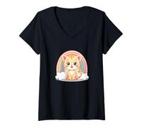 Womens Cute Cat with Rainbow and Clouds - Adorable Kawaii Style V-Neck T-Shirt