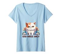 Women's Cute Cat with Skulls Design Bad Vibes Only V-Neck T-Shirt