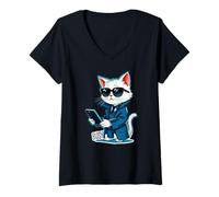 Womens Cute Cat with sunglasses and smartphone - BUSY 1 V-Neck T-Shirt