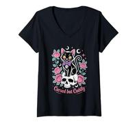 Women's Cute Cats Gothic Mystical Cursed But Cuddly Cat Kittens V-Neck T-Shirt