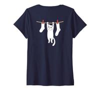 Women's Cute Cats Hanging on a Clothes Line Funny Cat (ON Back) V-Neck T-Shirt