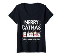Womens Cute Cats Merry Catmas Happy Mew Year cat Christmas Snowy V-Neck T-Shirt