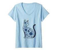 Women's Cute Cats Mystical Gothic Floral Cat Lover Kitten Kittens V-Neck T-Shirt