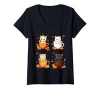 Womens Cute Cats Pumpkin Spice Autumn Latte Vibes Coffee V-Neck T-Shirt