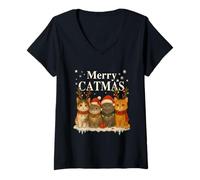 Womens Cute Cats Reindeer Xmas Kitten Merry Catmas Christmas V-Neck T-Shirt