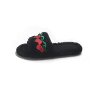 Women's Cute Cherry Fruit Plush Slippers Indoor Home Leisure Padded Non-Slip Flat Shoes Black,Size 5-5.5 UK