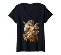 Women's Cute Cherub Angel with Llama Baroque Renaissance Animal V-Neck T-Shirt