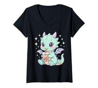 Womens Cute Chibi Baby Dragon with Bubble Tea Kawaii Anime Pastel V-Neck T-Shirt