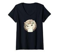 Womens Cute Chibi Cat with a Flower Crown V-Neck T-Shirt