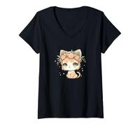 Womens Cute Chibi Cat with A Pink Flower Crown V-Neck T-Shirt