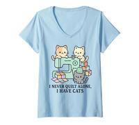 Womens Cute Chibi Cats Quilting Sewing Machine Design V-Neck T-Shirt