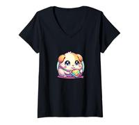 Womens Cute Chibi Guinea Pig with Soccer Ball and Hockey Stick V-Neck T-Shirt