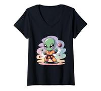 Womens Cute Chibi Karate Alien Funny Kawaii UFO World UFO Day Kids V-Neck T-Shirt