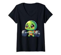 Womens Cute Chibi Turtle Weightlifting Gym Lover V-Neck T-Shirt
