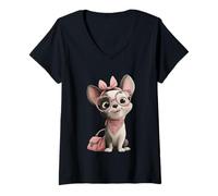 Women's Cute Chihuahua Pink Glasses Girly Puppy Graphic Bow Bandana V-Neck T-Shirt