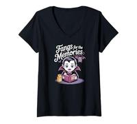 Womens Cute Child Vampire Reading Photo Album Kids Halloween V-Neck T-Shirt
