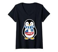 Women's Cute Chilean Flag Penguin Wearing A Blue Striped Scarf V-Neck T-Shirt