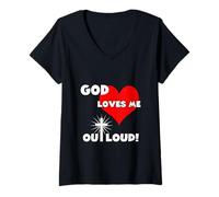 Womens Cute Christian faith 60s 70s 80s heart God loves me out loud V-Neck T-Shirt