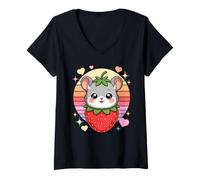 Womens Cute Chubby Strawberry Mouse Kawaii Sunset V-Neck T-Shirt