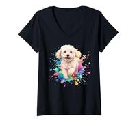 Womens Cute Cockapoo Dog, Puppy in Colourful Paint Splash. V-Neck T-Shirt