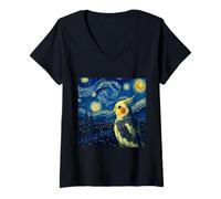 Womens Cute Cockatiel Staring at The Stars in Van Gogh Starry Night V-Neck T-Shirt