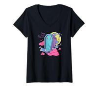 Women's Cute Coffin Character Halloween Moon Bats V-Neck T-Shirt