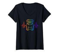 Womens Cute Colorful English Bulldog Dog Heartbeat EKG V-Neck T-Shirt