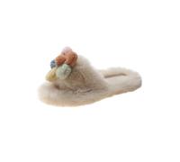 Women's Cute Colorful Flowers Plush Open Toe Slippers Fashion Thick Bottom Soft Slip-on Cotton Shoes Size 5.5 UK,Beige
