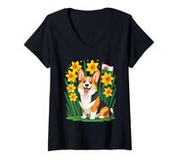 Women's Cute Corgi Dog Amongst Daffodils Supporting Wales V-Neck T-Shirt
