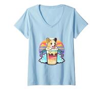 Women's Cute Corgi Dog Bubble Tea Kawaii Boba Drink Lover V-Neck T-Shirt