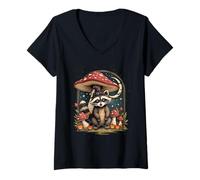 Womens Cute Cottagcore Halloween Raccoon Woodland Animal with Witch V-Neck T-Shirt